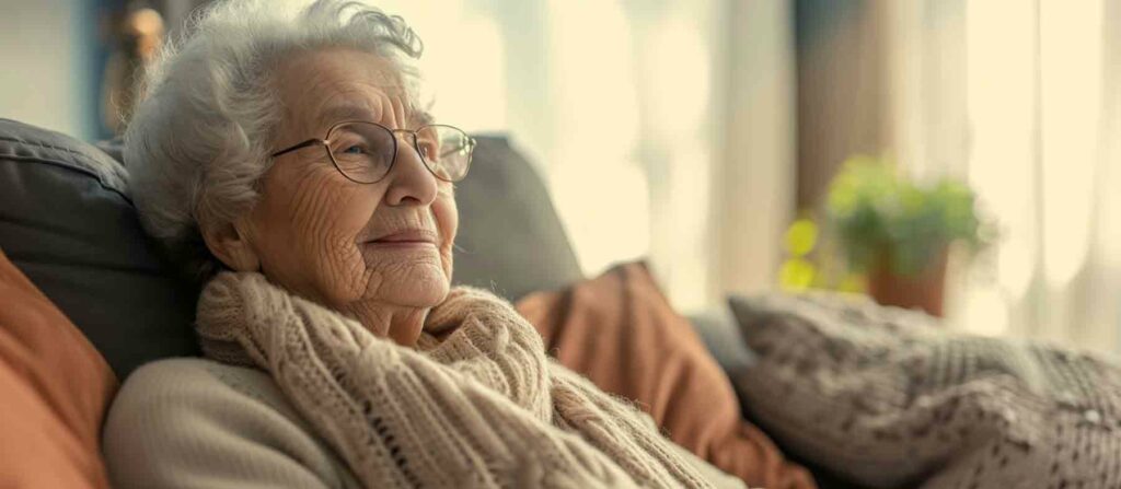 Portrait Femme âgée souriante installée dans un canapé